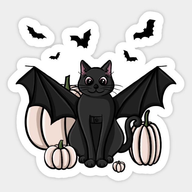 Cute Black Cat in a Bat Costume With White Pumpkins Sticker by AlmightyClaire